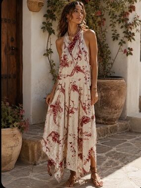 NWT Rachel Roy Paisley Jacquard Satin Halter Midi Dress - Light Beige/Burgundy 8